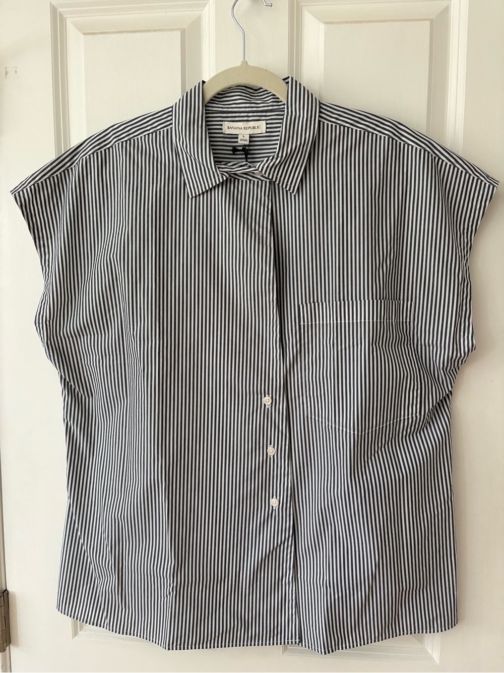 NWT BR Oversized Cotton Poplin Asymmetrical Button Down Tunic, Navy Stripe, SZ L